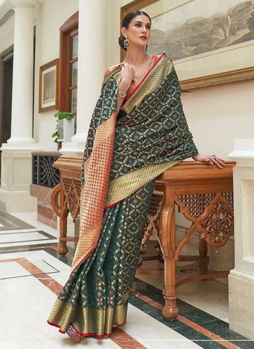 Elegant Look Bottle Green Silk Bandhani Patola Print Saree